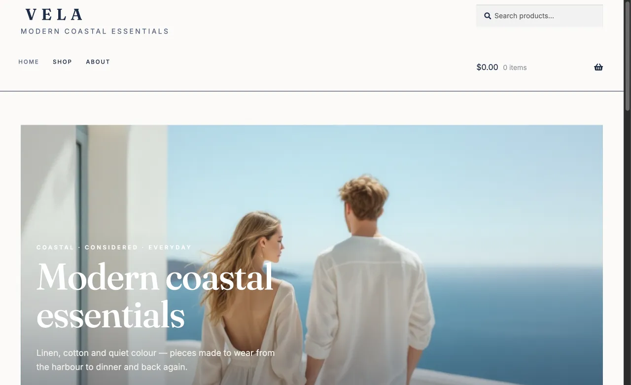 The Vela demo store, a real WooCommerce storefront running the Aisthetix try-on plugin